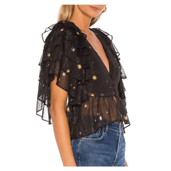 Lovers & Friends Georgie Star Bright Blouse Chiffon Ruffle Black Gold Size Small - Picture 2 of 11